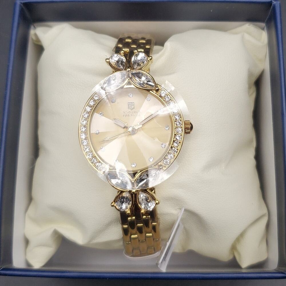 Montres Prestige Gold Tone Crystal Accent Women's Bracelet Watch MPW-0231 NIB